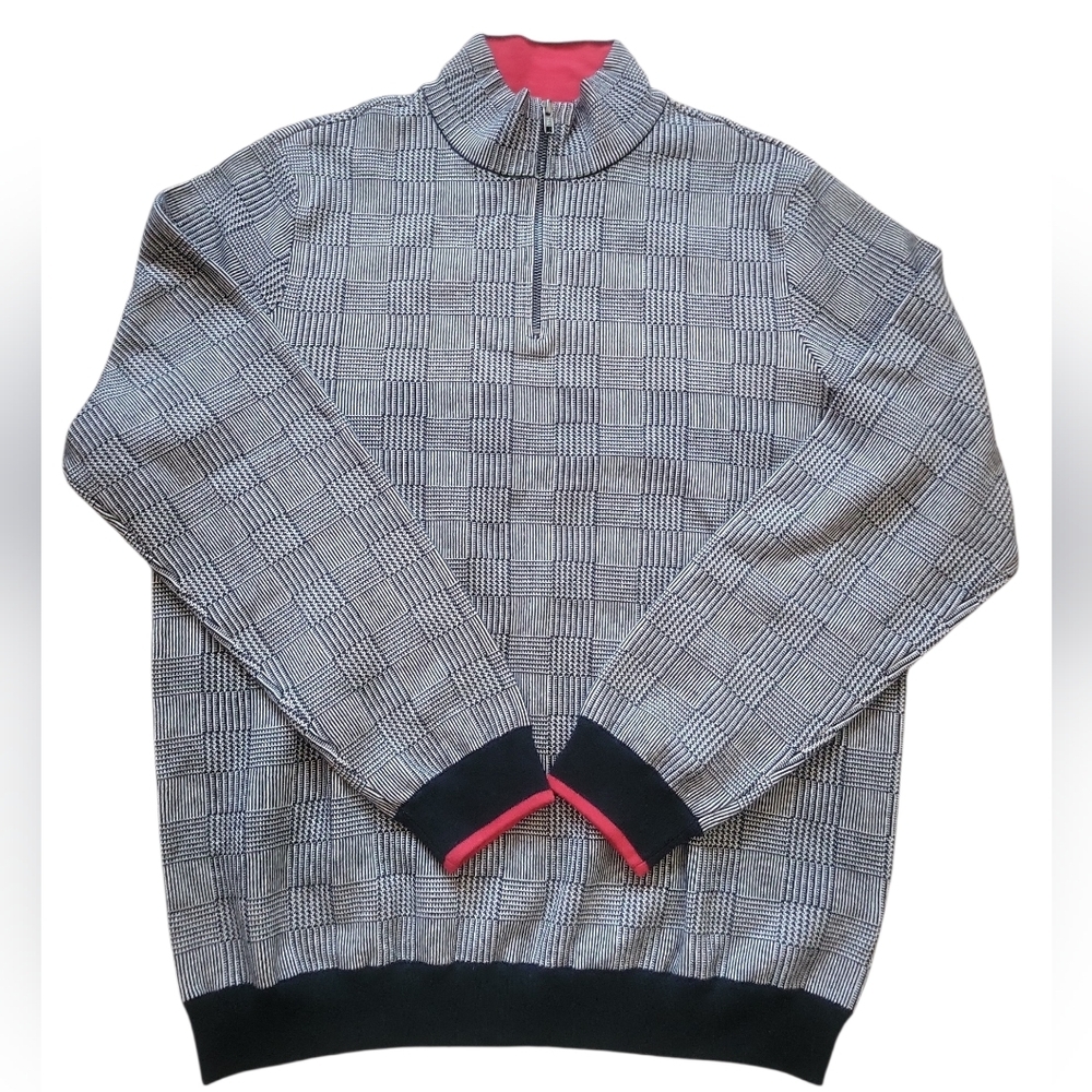 Paul Fredrick Black and Gray Checkered Quarter Zip Mock Neck Sweater - Picture 4 of 9